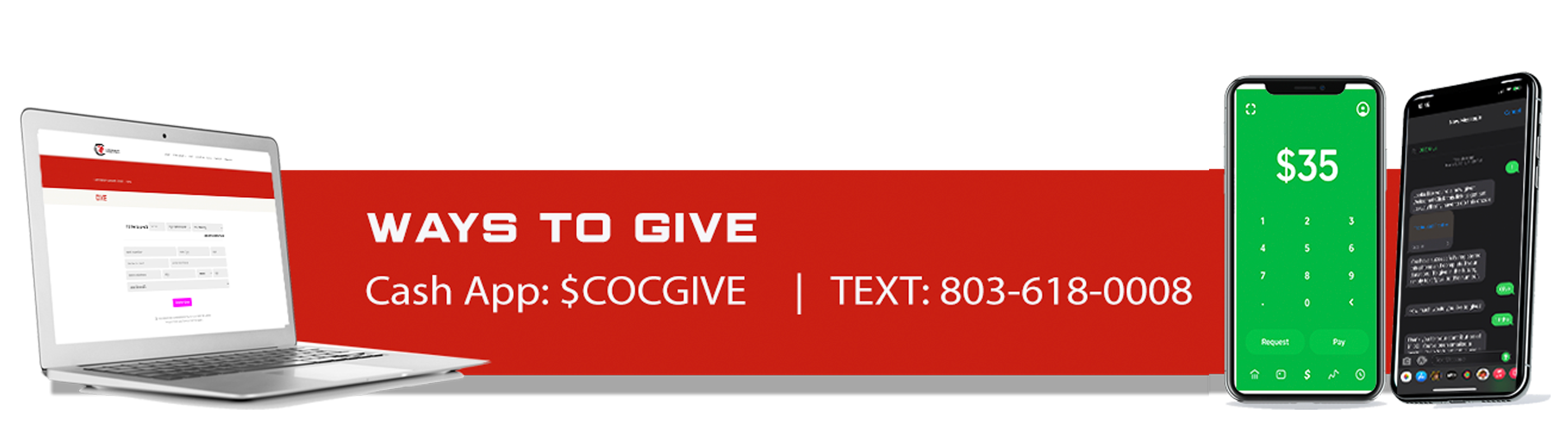Ways to give by Cash App $COCGIVE Text 803-618-0008